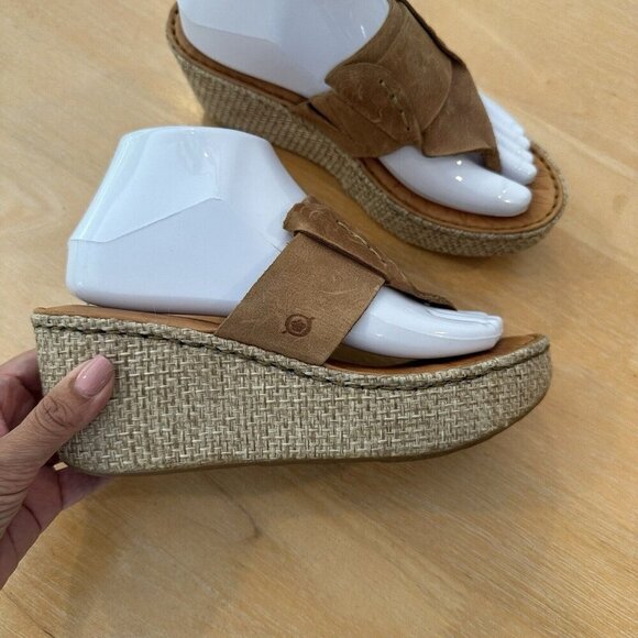 Born Wedge Sandals Womens 8 Brown Tan Leather Comfort Espadrille Woven Platform - Picture 2 of 11